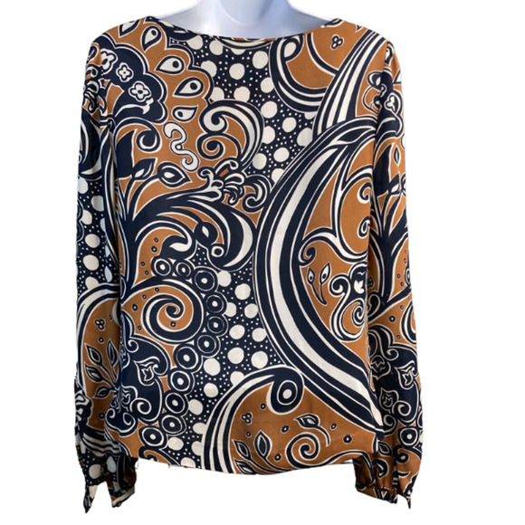 Tory Burch Silk Top Sz 4 Navy Brown Abstract Print Fall Colors Classic Tailored - Picture 2 of 10